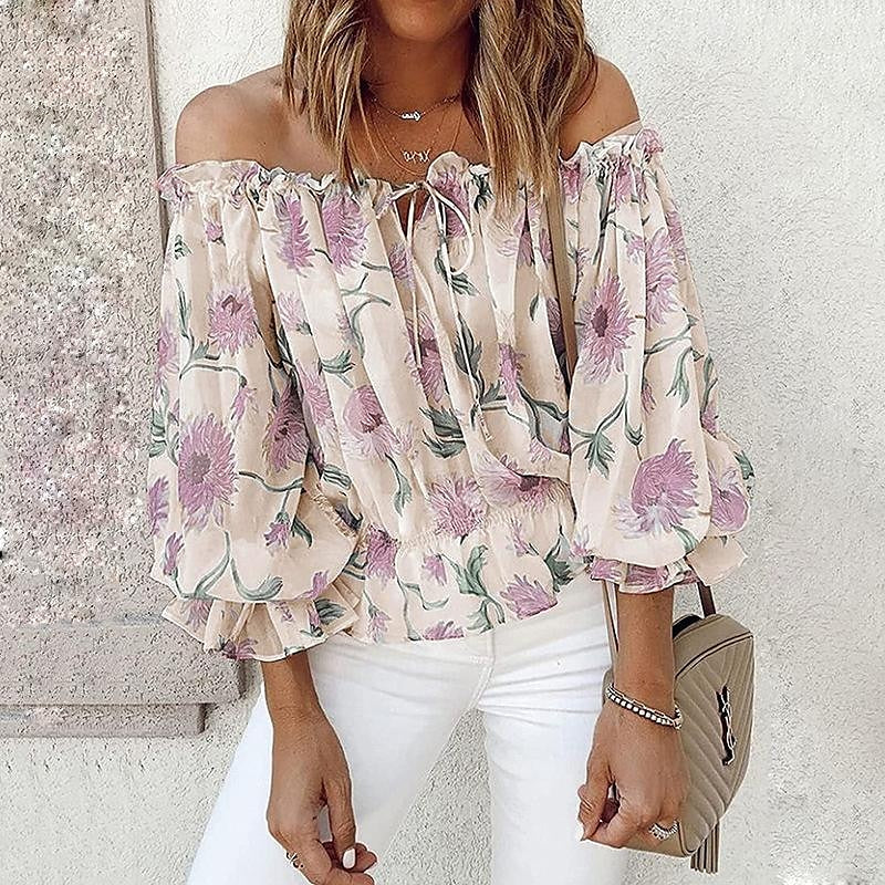 Women's Shirt Blouse Floral Casual Holiday Lace up Button Print Cold Shoulder White Long Sleeve Fashion Off Shoulder Summer