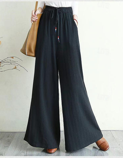 Women's Wide Leg Cotton Linen Shamrock Black White Fashion Full Length Casual Daily Spring & Summer