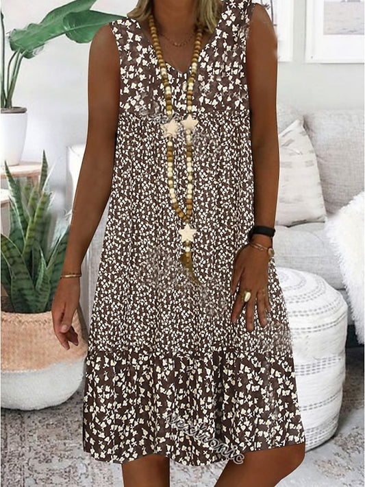 Women's Casual Dress Shift Dress Midi Dress Brown Sleeveless Floral Print Spring Summer V Neck Basic Daily Weekend 2023 S M L XL XXL 3XL - LuckyFash™