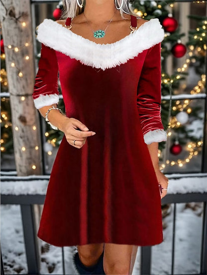 Women's Velvet Dress Party Dress Feather Dress Velvet V Neck Long Sleeve Color Block Mini Dress Christmas Wine Green Spring Winter