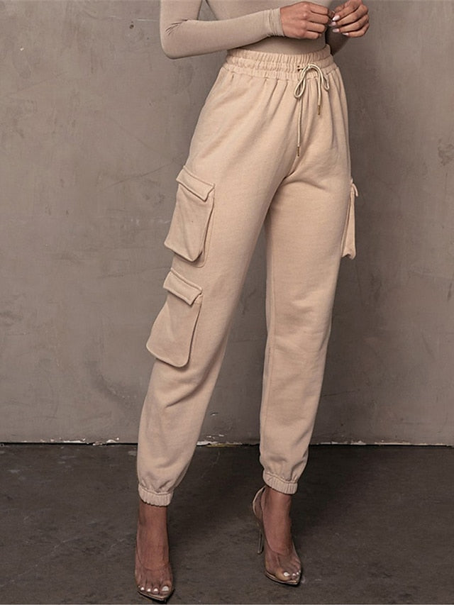 Women‘s Cargo Khaki Pants Trousers Full Length Cotton Micro-elastic High Waist Fashion Streetwear Street Daily Apple Green Black S M Fall Winter