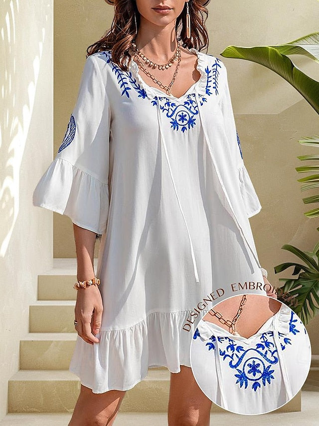 Women's White Dress Smock Dress Mini Dress Cotton Tie Front Embroidery Boho Bell Sleeve V Neck 3/4 Length Sleeve Summer White