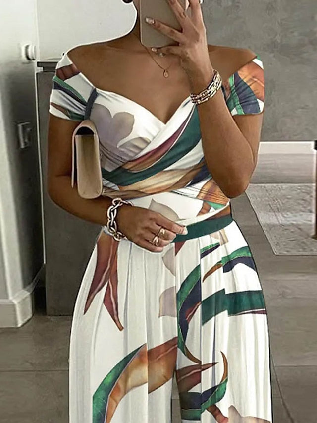Women's Jumpsuit V-Neck Print Floral Off Shoulder Streetwear Party  Regular Fit Short Sleeve White S M L Spring - LuckyFash™