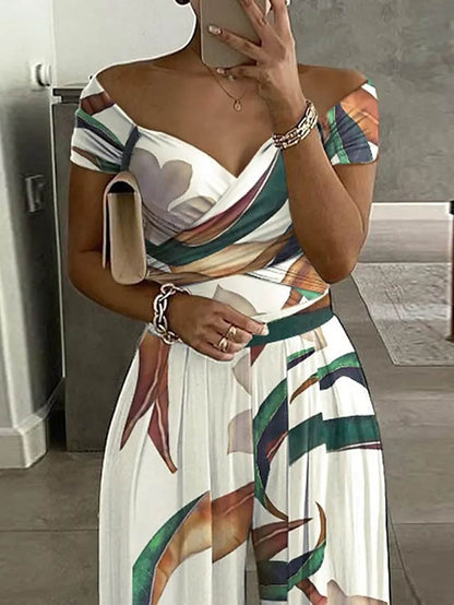 Women's Jumpsuit V-Neck Print Floral Off Shoulder Streetwear Party  Regular Fit Short Sleeve White S M L Spring - LuckyFash™