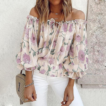 Women's Shirt Blouse Floral Casual Holiday Lace up Button Print Cold Shoulder White Long Sleeve Fashion Off Shoulder Summer