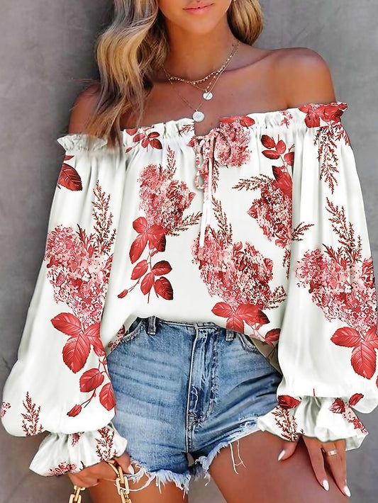 Women's Shirt Boho Shirt Lace Shirt Going Out Tops Floral Graphic Casual Holiday Lace up Ruffle Print Lantern Sleeve Red Long Sleeve Elegant Fashion Basic Off Shoulder Spring Fall