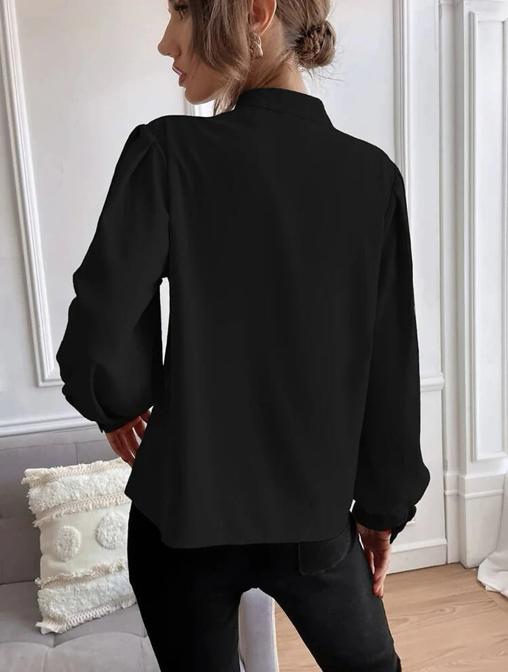 Women's Shirt Lantern Sleeve Blouse Plain Work Button Black Long Sleeve Daily Standing Collar Spring &  Fall