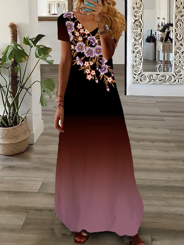 Women's Long Dress Maxi Dress Casual Dress Summer Dress Print Dress Floral Ombre Fashion Streetwear Outdoor Daily Date Print Short Sleeve V Neck Dress Regular Fit Light Green Pink Navy Blue Summer - LuckyFash™