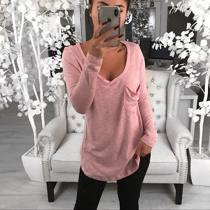 Women's T shirt Tee Tunic Black White Pink Solid Colored Pocket Long Sleeve Casual Daily Basic V Neck Regular Loose Fit S