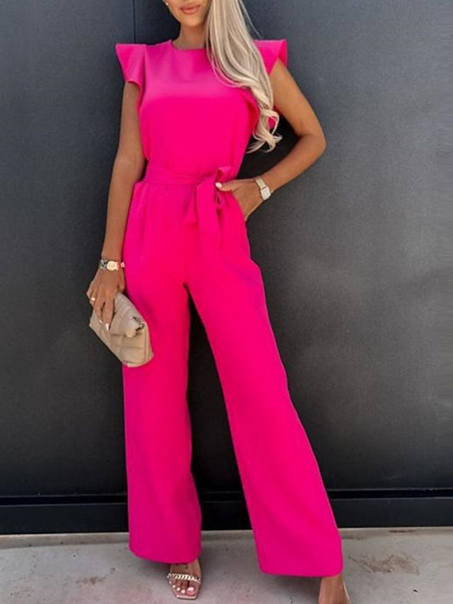 Women's Jumpsuit Lace up Ruffle Solid Color Round Neck Elegant Party Going out Regular Fit Short Sleeve White Blue Pink S M L Spring - LuckyFash™