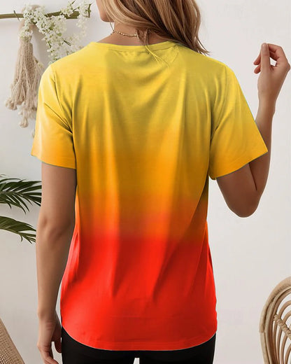 Women's T Shirt Tee Gradient Color Shirt Casual Holiday Crew Neck Short Sleeve Ombre Stylish Summer Top