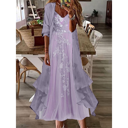 Women's Two Piece Dress Set Lace Dress Casual Dress Outdoor Daily Elegant Fashion Lace Ruffle Long Dress Maxi Dress V Neck 3/4 Length Sleeve Floral Plain Loose Fit Pink Light Purple Summer Spring S M