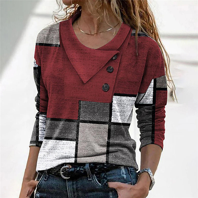 Women's T shirt Tee Geometric Abstract Casual Weekend Button Print Red Long Sleeve Daily Basic Pile Neck V Neck Fall & Winter