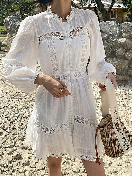 Women's White Dress Lace Dress Casual Dress Mini Dress Cotton Lace Patchwork Date Vacation Elegant Streetwear Stand Collar Long Sleeve Beige Color