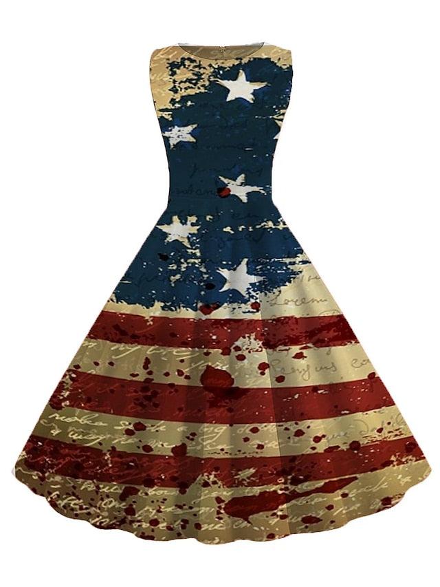 Women's Retro 1950s Vintage Tea Dresses Midi Dress Daily Date Ruched Print American Flag Crew Neck Sleeveless Slim Summer Spring 2023 Black White S M L XL