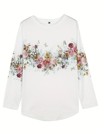 Women's T shirt Tee Floral Holiday Weekend Print White Long Sleeve Basic Round Neck Fall & Winter