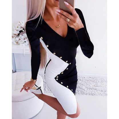 Women's Work Dress Crew Neck Casual Sheath Dress Knee Length Dress Black And White Black Red Long Sleeve Color Block Button Fall Winter Autumn Winter Dress Office Fall Dress