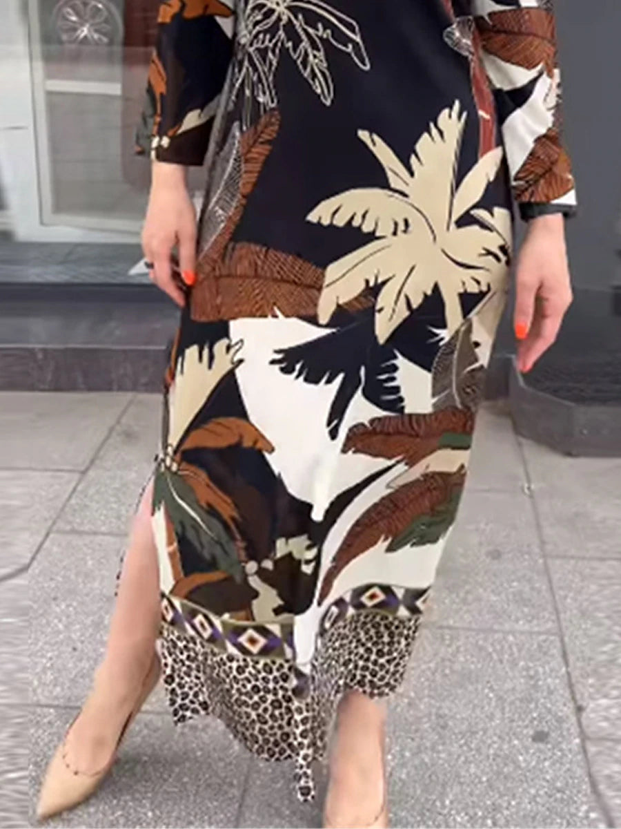 Women's Split Print Crew Neck Maxi long Dress Daily Vacation Long Sleeve Summer Spring