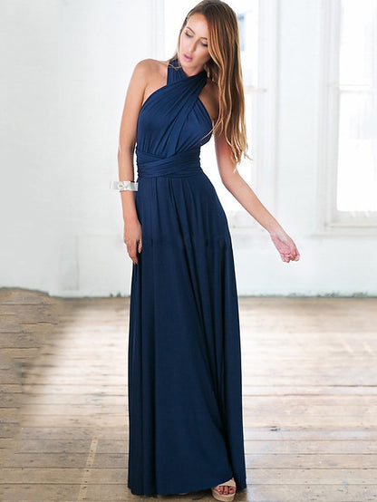 A-Line Bridesmaid Dress Halter / V Neck Sleeveless Convertible Floor Length Spandex with Sash / Ribbon / Pleats 2022 - LuckyFash™