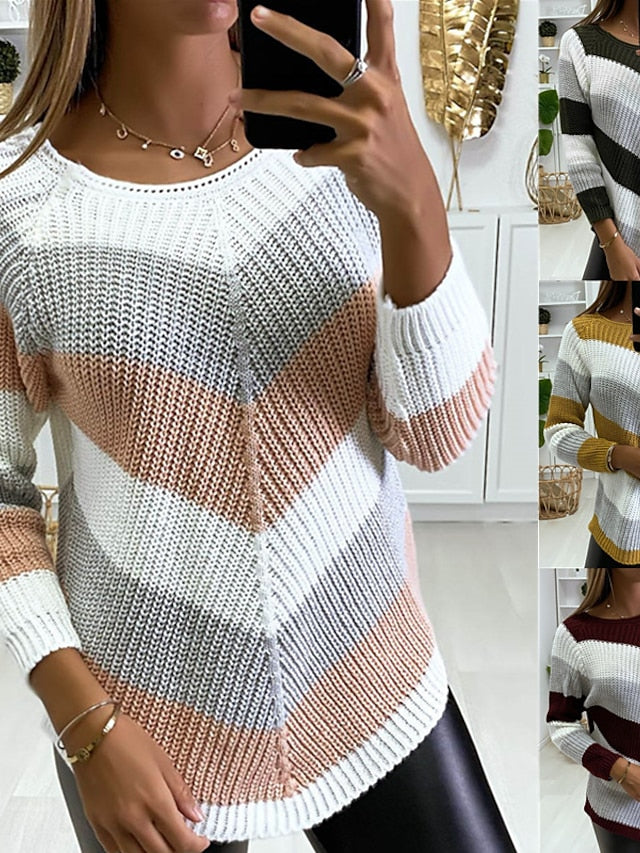 Women's Sweater Pullover Jumper Knitted Striped Color Block Stylish Basic Casual Long Sleeve Loose Sweater Cardigans Crew Neck Fall Winter Spring Wine Red Powder gray Yellow / Holiday / Going out - LuckyFash™