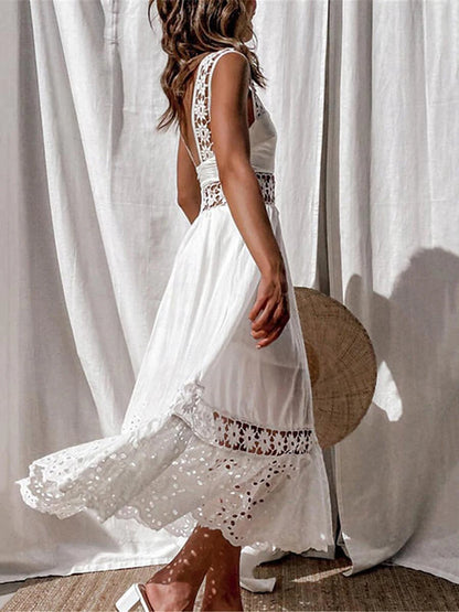 Women's White Dress Lace Dress Casual Dress Midi Dress Lace Patchwork Date Vacation Elegant A Line Strap Sleeveless White Color