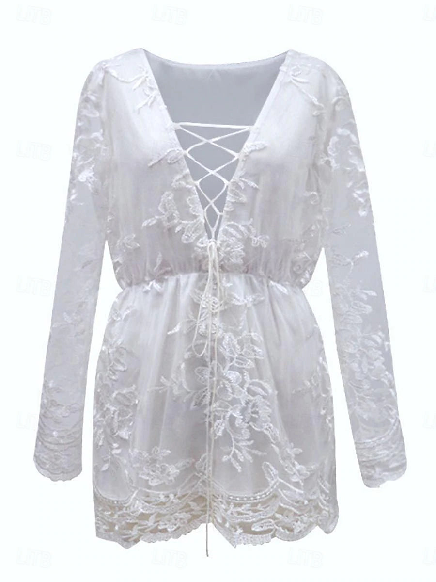 Women's White Dress Lace Dress Casual Dress Mini Dress Lace Patchwork Date Vacation Streetwear A Line V Neck Long Sleeve White Color