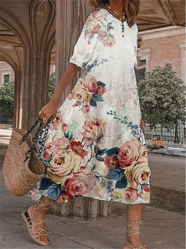 Women's Casual Dress Summer Dress Print Dress Floral Pocket Print Crew Neck Midi Dress Fashion Streetwear Outdoor Daily Short Sleeve Loose Fit Pink Blue Purple Summer Spring S M L XL XXL - LuckyFash™
