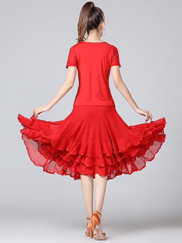 Ballroom Waltz Modern Dancing Latin Dance Skirts Pleats Cascading Ruffles Wave-like Women's Training Performance Natural Mesh Milk Fiber - LuckyFash™