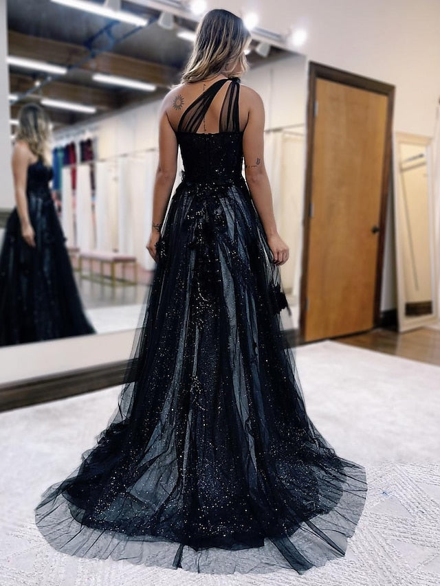 A-Line Prom Dresses Color Block Dress Formal Sweep / Brush Train Sleeveless One Shoulder Tulle Backless with Pleats Appliques 2023 - LuckyFash™