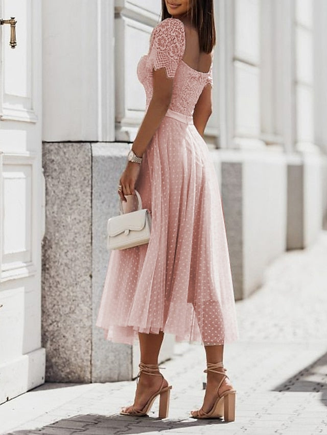 Women's Party Dress Corset Dress Lace Dress Midi Dress Black Pink Fuchsia Short Sleeve Polka Dot Lace Summer Spring Square Neck Fashion Birthday Wedding Guest Vacation S M L XL - LuckyFash™