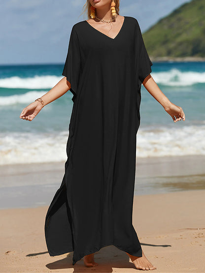 Women's White Dress Casual Dress Summer Dress Long Dress Maxi Dress Split Date Vacation Beach Maxi Basic V Neck Half Sleeve Black White Yellow Color