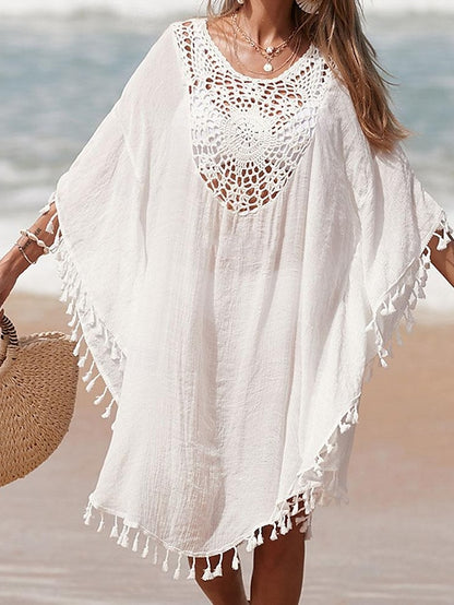 Women's Summer Dress Cover Up Tassel Cut Out Beach Wear Holiday Sleeveless Black White Blue Color