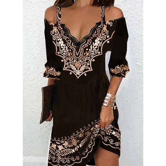 Women‘s Casual Dress Ethnic Dress Mini Dress Black 3/4 Length Sleeve Pure Color Print Summer Spring Fall V Neck Stylish 2023 S M L XL XXL 3XL