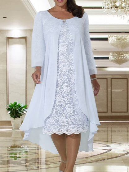 Two Piece A-Line Mother of the Bride Dress Plus Size Elegant Jewel Neck Tea Length Chiffon Lace Short Sleeve Jacket Dresses with Solid Color 2023 - LuckyFash™