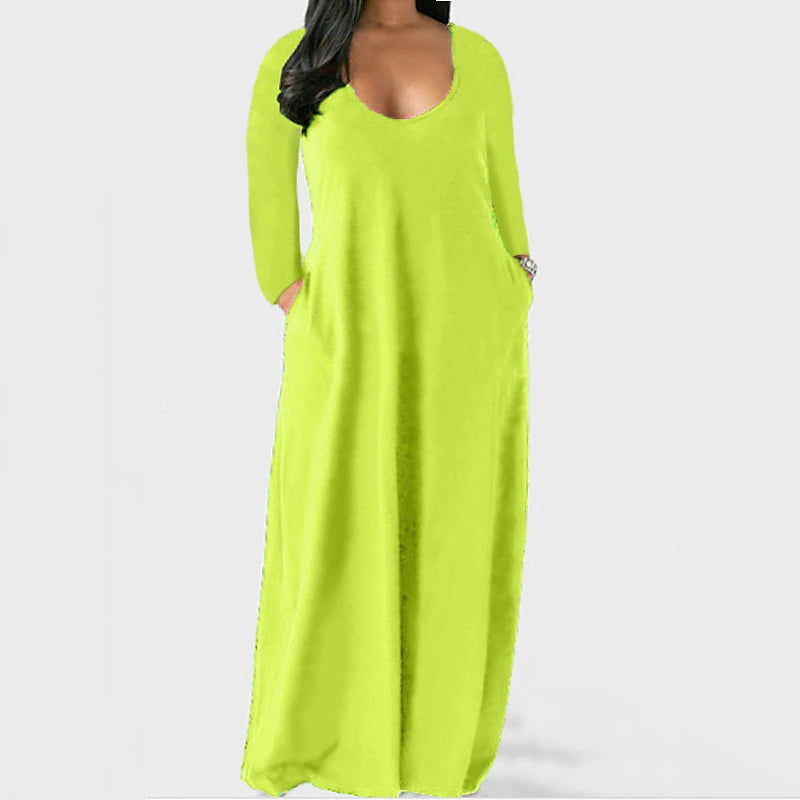 Women‘s Plus Size Curve Shift Dress Solid Color Boat Neck Long Sleeve Spring Fall Basic Casual Maxi long Dress Daily Vacation Dress