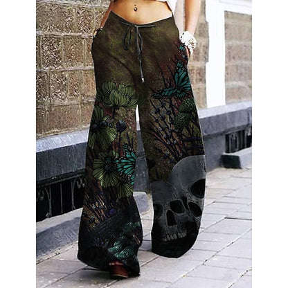 Women's Wide Leg Normal Polyester Skull Flower / Floral Black Green Gray Green Streetwear Mid Waist Short Office Halloween Summer Spring &  Fall