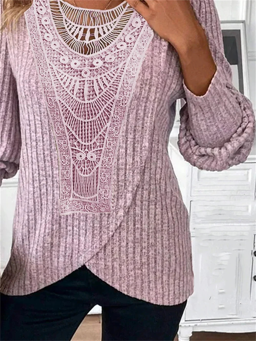 Women's Shirt Lace Shirt Blouse Plain Casual Lace Pink Long Sleeve Fashion Round Neck Spring