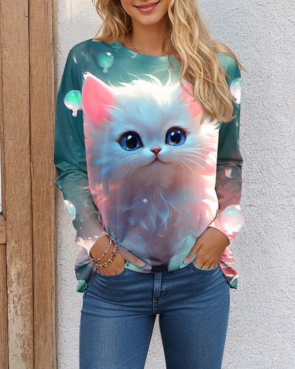 Women's T shirt Tee Cat 3D Daily Weekend Print Light Green Long Sleeve Fashion Funny Round Neck Spring &  Fall