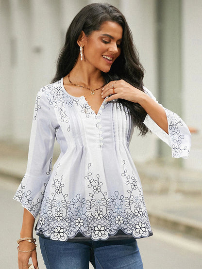 Women's Shirt Blouse Floral Casual Holiday Button Print Pink 3/4 Length Sleeve Basic Round Neck