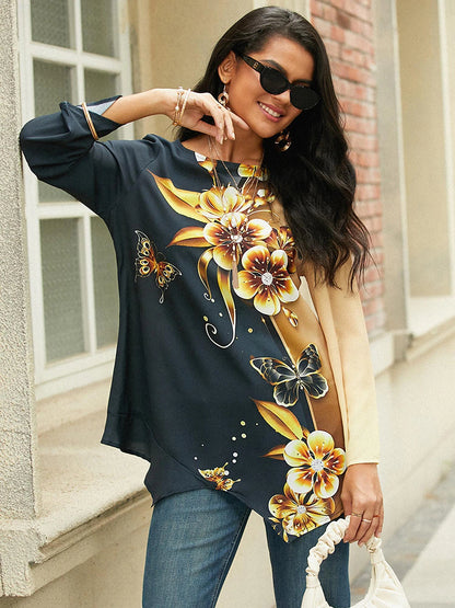 Women's Shirt Blouse Floral Casual Holiday Print Asymmetric Yellow Long Sleeve Round Neck Spring &  Fall