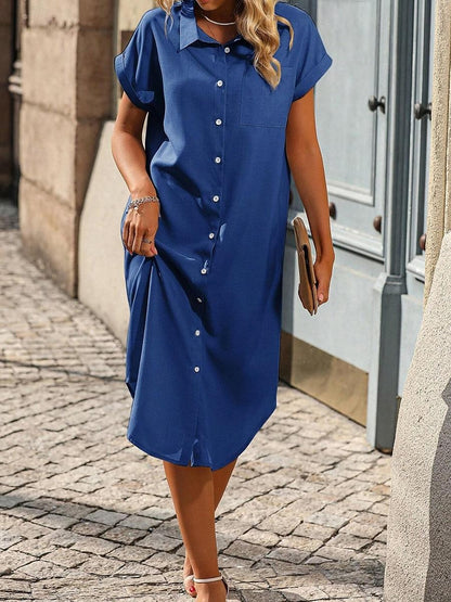 Women's Shirt Dress Casual Dress Midi Dress Office Vacation Polyester Basic Modern Shirt Collar Button Pocket Short Sleeve Summer Spring Loose Fit Blue Plain S M L XL 2XL