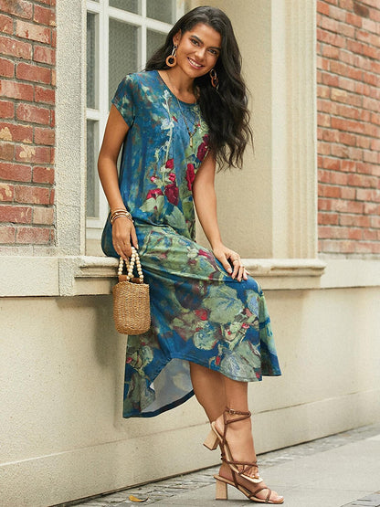 Women‘s Shift Dress Maxi long Dress Green Blue Gray Dark Blue Short Sleeve Floral Pocket Print Spring Summer Crew Neck Casual 2023 S M L XL XXL XXXL