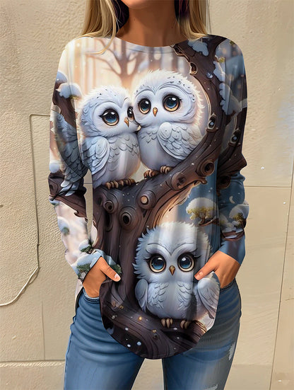 Women's T shirt Tee Animal Daily Weekend Print White Long Sleeve Fashion Round Neck Spring &  Fall