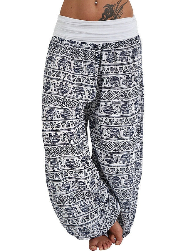 Womenâ€˜s Harem Pants Wide Leg Fold Over Waist Palazzo Bohemia Zumba Belly Dance Yoga Bloomers Bottoms Elephant Hippie Boho Navy ArmyGreen White Plus Size Sports Activewear - LuckyFash™
