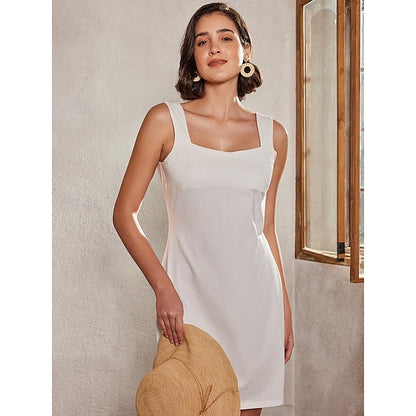 Women's Sheath Dress Mini Dress White Sleeveless Pure Color Cold Shoulder Summer Spring Square Neck Elegant Vacation S M L XL XXL