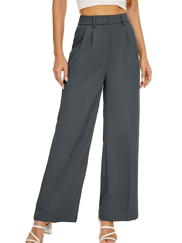 Women's Dress Pants Polyester Solid Color Light Blue Ivory white Elegant High Waist Full Length Office Street Fall Winter