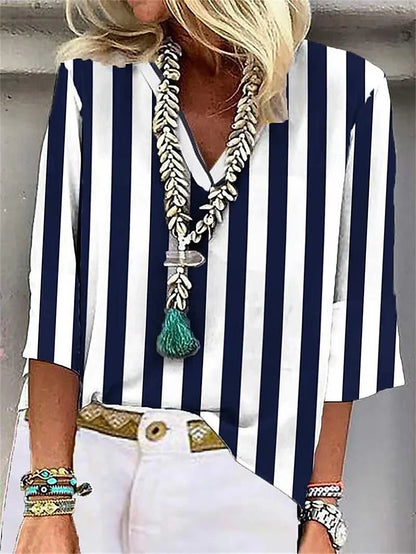 Women's T shirt Tee Blouse Striped Daily Print Navy Blue 3/4 Length Sleeve Casual V Neck Spring & Summer