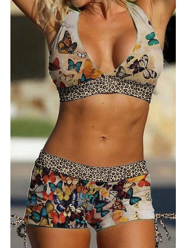 Women's Swimwear Bikini Normal Swimsuit 2 Piece Printing Leopard Butterfly Khaki Bathing Suits Sports Beach Wear Summer - LuckyFash™