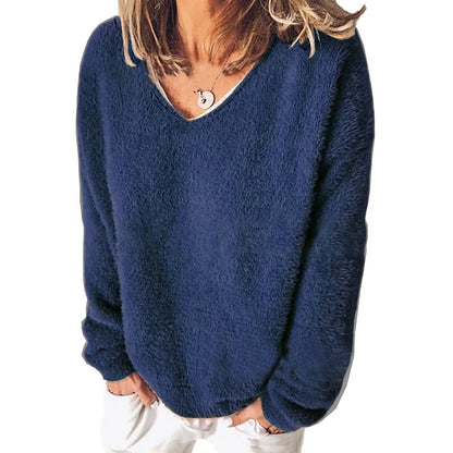 Women's Sweatshirt Pullover Fleece Solid Color Street Casual Black Wine Navy Blue Teddy Fuzzy V Neck Long Sleeve Top Micro-elastic Fall & Winter