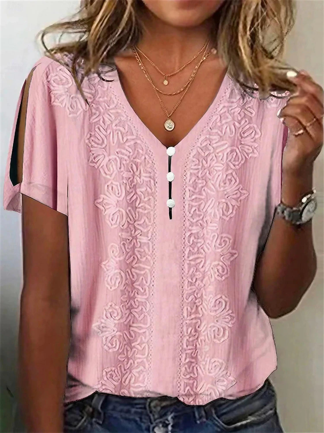 Women's T shirt Tee Henley Shirt Blouse Plain Casual Button Cut Out Pink Short Sleeve Basic V Neck